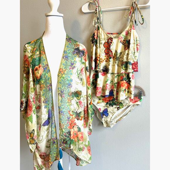Johnny Was Silk Cover-Up Kimono Butterflies Floral Boho Chic Gypsy Beach Resort - Picture 5 of 11